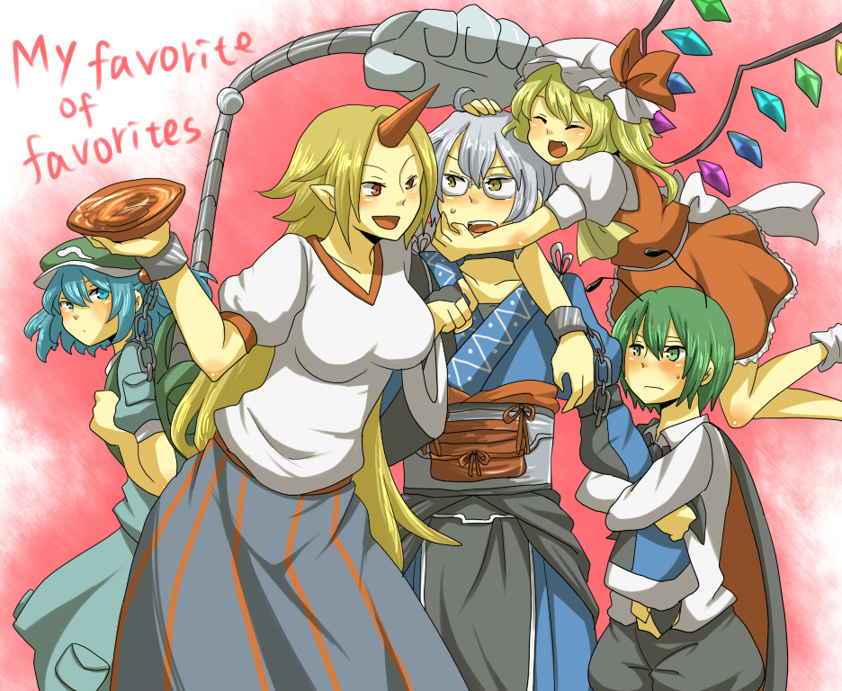 4girls ahoge akasata antennae aqua_eyes aqua_hair ascot backpack bag blonde_hair blush bridal_gauntlets cape chain chains choker collarbone dress english fang flandre_scarlet glasses green_eyes green_hair hair_bobbles hair_ornament hat horn hoshiguma_yuugi hug kappa kawashiro_nitori long_hair long_skirt long_sleeves miniskirt morichika_rinnosuke multiple_girls oni open_mouth pouch randoseru red_dress red_eyes sake short_hair short_sleeves shy side_ponytail silver_hair skirt smile sweatdrop touhou twintails vampire wings wriggle_nightbug yellow_eyes