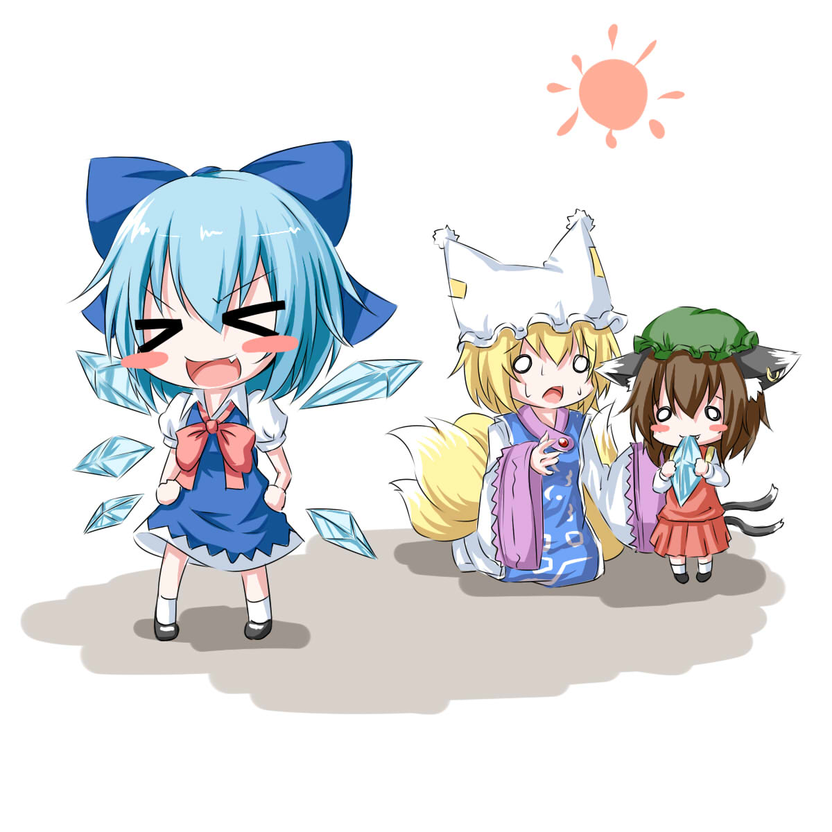 &gt;_&lt; animal_ears blonde_hair blue_dress blue_hair blush_stickers bobby_socks bow brown_hair cat_ears cat_tail chen chibi cirno dress eating fang fox_tail hair_bow hands_on_hips hat hat_with_ears highres jewelry kneeling long_sleeves multiple_girls multiple_tails nyifu o_o open_mouth shadow short_hair short_sleeves simple_background single_earring skirt socks standing sun sweat tabard tail tongue touhou vest white_background yakumo_ran