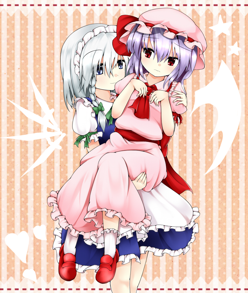 apron arms_up ascot bat_wings blouse bow braid carrying dress_shirt frills frown grey_eyes hair_bow hand_on_shoulder hand_on_thigh hat hat_ribbon heart izayoi_sakuya kneehighs knife lavender_hair light_smile looking_at_another maid_headdress multiple_girls princess_carry puffy_sleeves red_eyes remilia_scarlet ribbon scarlet_0915 shirt shoes short_hair short_sleeves silver_hair single_braid skirt standing star striped striped_background touhou vest white_legwear wings