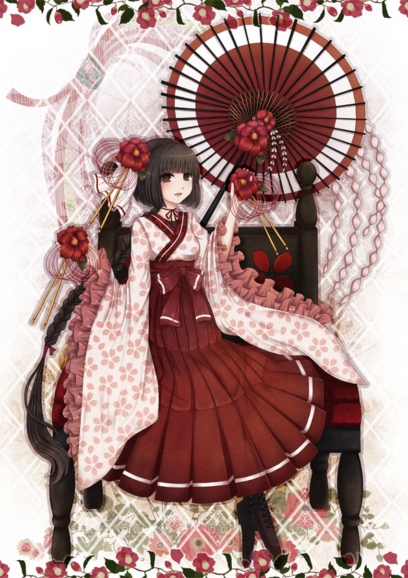 akatuki_taku black_hair blush bow brown_eyes choker cross-laced_footwear dress flower hair_bow hair_flower hair_ornament hime_cut japanese_clothes long_sleeves looking_at_viewer open_mouth oriental_umbrella original rose shoes short_hair sitting smile solo umbrella wide_sleeves