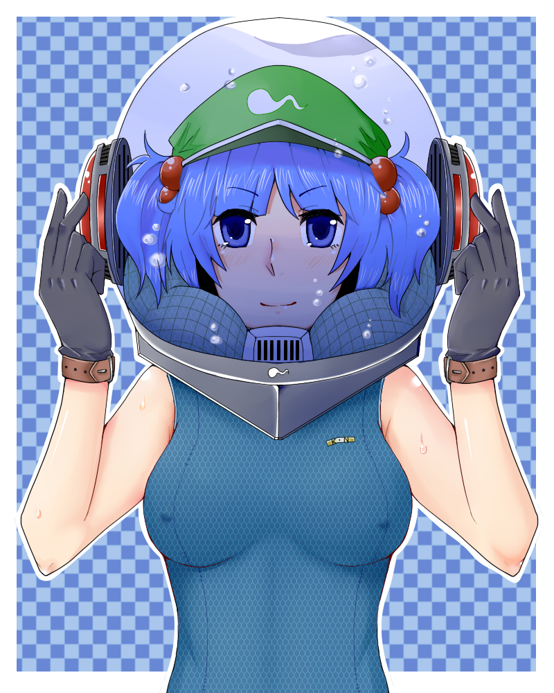 blue_hair breasts breasts_apart bust checkered checkered_background gloves hair_bobbles hair_ornament helmet honeycomb kawashiro_nitori kingreia name_tag swimsuit touhou twintails