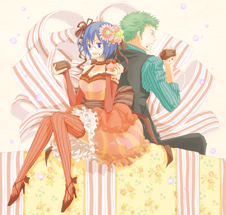 1girl alternate_costume back-to-back bare_shoulders blue_eyes blue_hair bow breasts brownies cake choker cleavage cupcake detached_sleeves dress eating food food_on_face frills fruit glasses green_hair high_heels kigisu matching_hair/eyes one_piece open_mouth ribbon roronoa_zoro shirt shoes sitting smile strawberry striped striped_clothes striped_legwear striped_shirt tashigi thigh-highs thighhighs vest