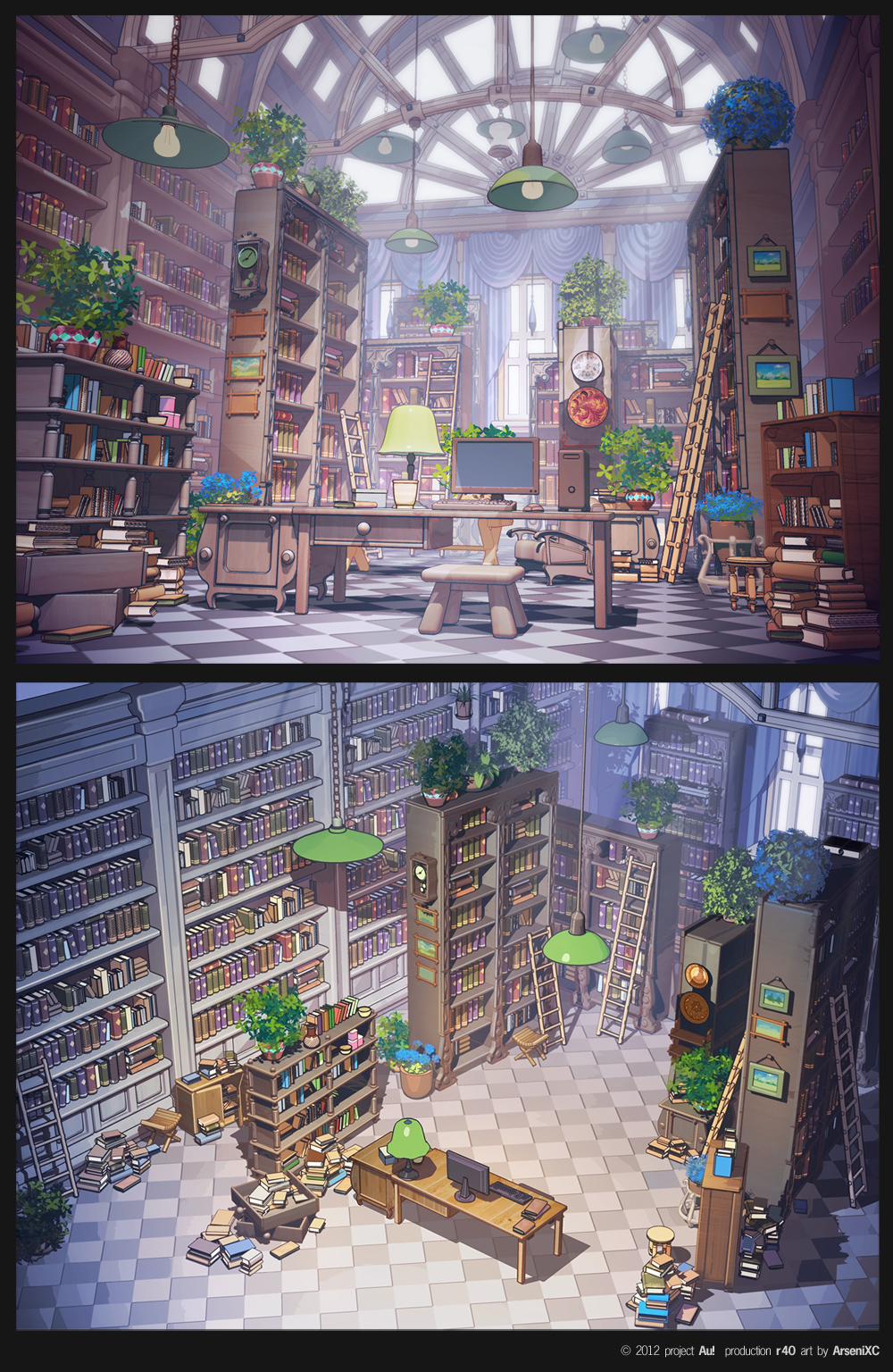arsenixc book bookshelf chair clock computer computer_keyboard computer_mouse highres ladder lamp library no_humans original plant potted_plant room scenery table too_many_books vase