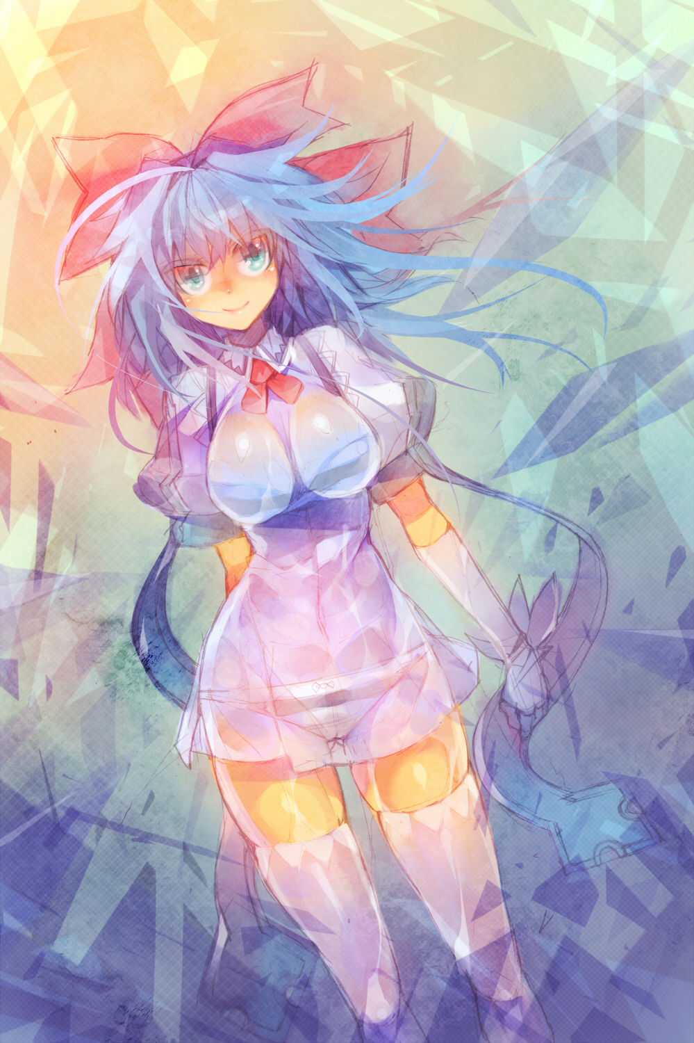adapted_costume adult alternate_hairstyle blue_eyes blue_hair bow breasts cirno cirno-nee cleavage hair_bow highres large_breasts long_hair mamuru see-through smile solo thigh-highs thighhighs touhou white_legwear