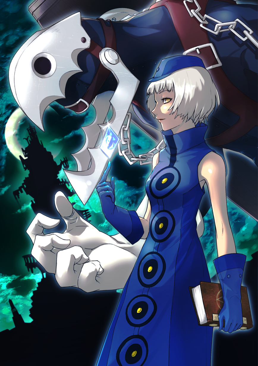 blonde_hair book card dress elizabeth_(persona) gloves hat highres mosumosu persona persona_3 persona_4:_the_ultimate_in_mayonaka_arena short_hair sleeveless thanatos white_hair yellow_eyes