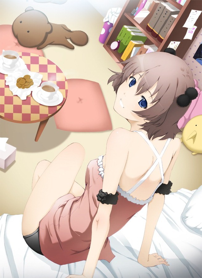 arm_support bare_shoulders bed black_panties blue_eyes book bookshelf brown_hair cookie crossed_legs cup cushion food from_behind halcyon looking_at_viewer original panties room short_hair sitting smile solo stuffed_animal stuffed_toy table tissue_box underwear