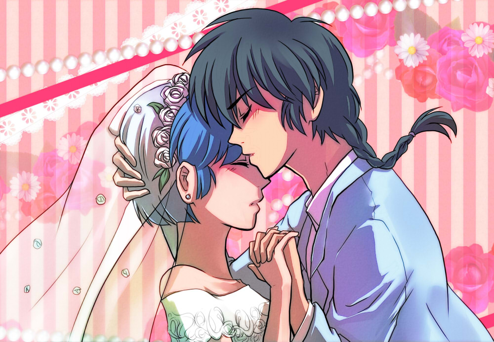 1girl akane_tendo black_hair blue_eyes blue_hair braid bridal_veil brown_eyes closed_eyes coa_(momo) dress eyes_closed hand_holding holding_hands ranma_1/2 ranma_saotome saotome_ranma short_hair tendou_akane veil wedding_dress