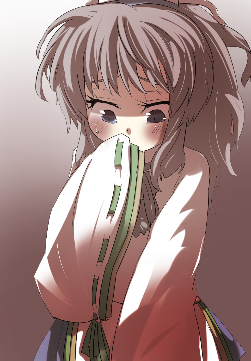 blush commentary commentary_request covering covering_face covering_mouth gaoo_(frpjx283) grey_eyes grey_hair hat highres japanese_clothes kariginu mononobe_no_futo solo touhou