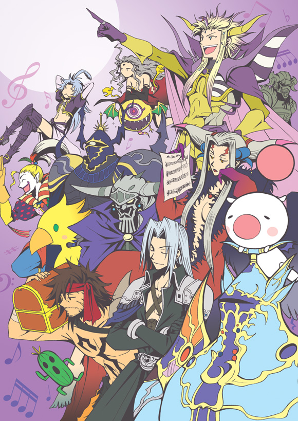 6+boys :&lt; ahriman armor beshiexe blonde_hair boots brown_eyes brown_hair cape cefca_palazzo chocobo cloud_of_darkness crossed_arms dissidia_final_fantasy elbow_gloves emperor_(ff2) everyone exdeath facial_mark final_fantasy final_fantasy_i final_fantasy_ii final_fantasy_iii final_fantasy_iv final_fantasy_ix final_fantasy_v final_fantasy_vi final_fantasy_vii final_fantasy_viii final_fantasy_x final_fantasy_xii gabranth garland_(ff1) gloves green_eyes grey_hair helmet horns jecht knee_boots kuja moogle multiple_boys multiple_girls musical_note on_head open_mouth pointing sabotender sephiroth sheet_music silver_hair smile tattoo theatrhythm_final_fantasy topless treasure_chest ultimecia yellow_eyes