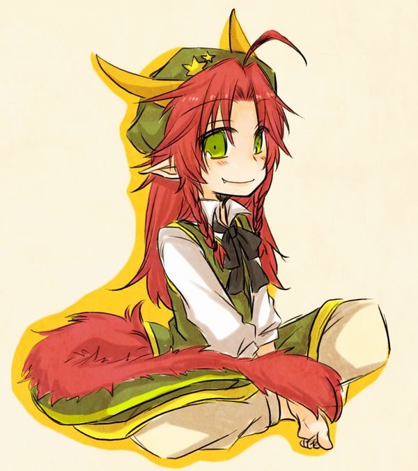 ahoge barefoot blush bow dragon_girl dragon_tail ex-meiling fang green_eyes hat hong_meiling hong_meiling_(dragon) horns long_hair pants pointy_ears red_hair redhead sitting smile solo star tail touhou v_arms yuuta_(monochrome)