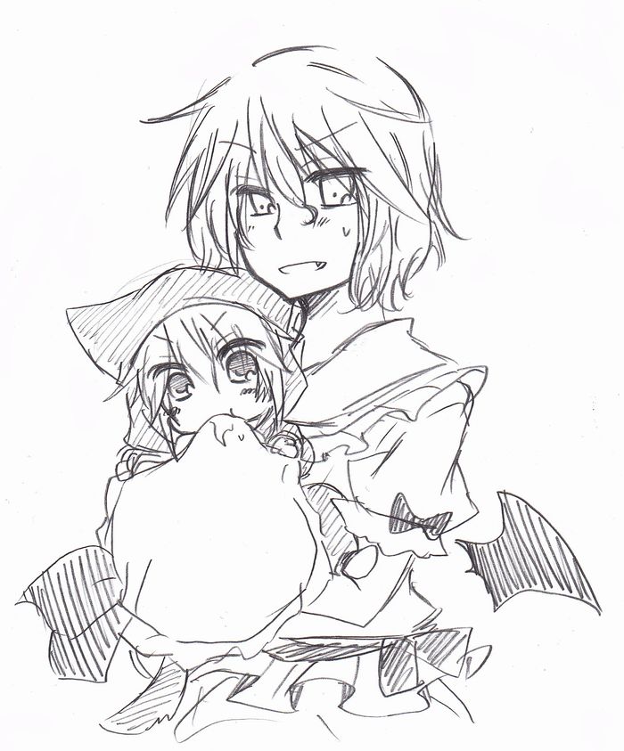 baby bat_wings bow detached_wings fake_animal_ears fang hat hat_bow hat_removed headwear_removed holding holding_hat hoodie izayoi_sakuya monochrome pajamas remilia_scarlet saliva short_hair sweatdrop touhou wings young yuuta_(monochrome)