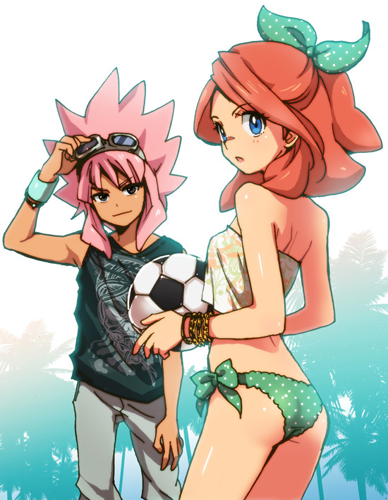 1girl ass ball blue_eyes goggles hair_ribbon harumi_chihiro inazuma_eleven inazuma_eleven_(series) long_hair pink_hair ribbon soccer_ball swimsuit tsunami_jousuke zaizen_touko