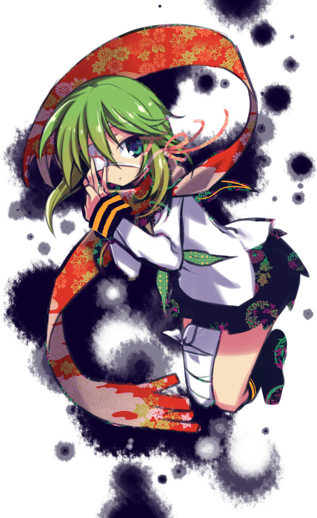 bandage bandages eyepatch green_eyes green_hair gumi looking_at_viewer negi_(ulogbe) scarf short_hair skirt solo ulogbe vocaloid