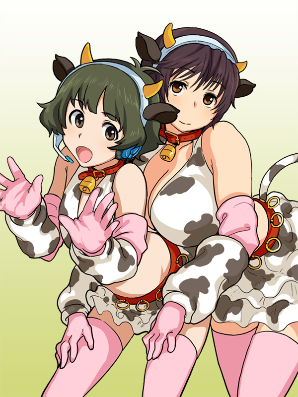 1girl akizuki_ryou animal_ears bad_id bell bell_collar breasts brown_eyes brown_hair collar cow_bell cow_ears cow_horns cow_print crossdressinging elbow_gloves gloves headset hody0908 horns idolmaster idolmaster_cinderella_girls idolmaster_dearly_stars large_breasts oikawa_shizuku open_mouth pink_legwear short_hair smile thigh-highs thighhighs trap