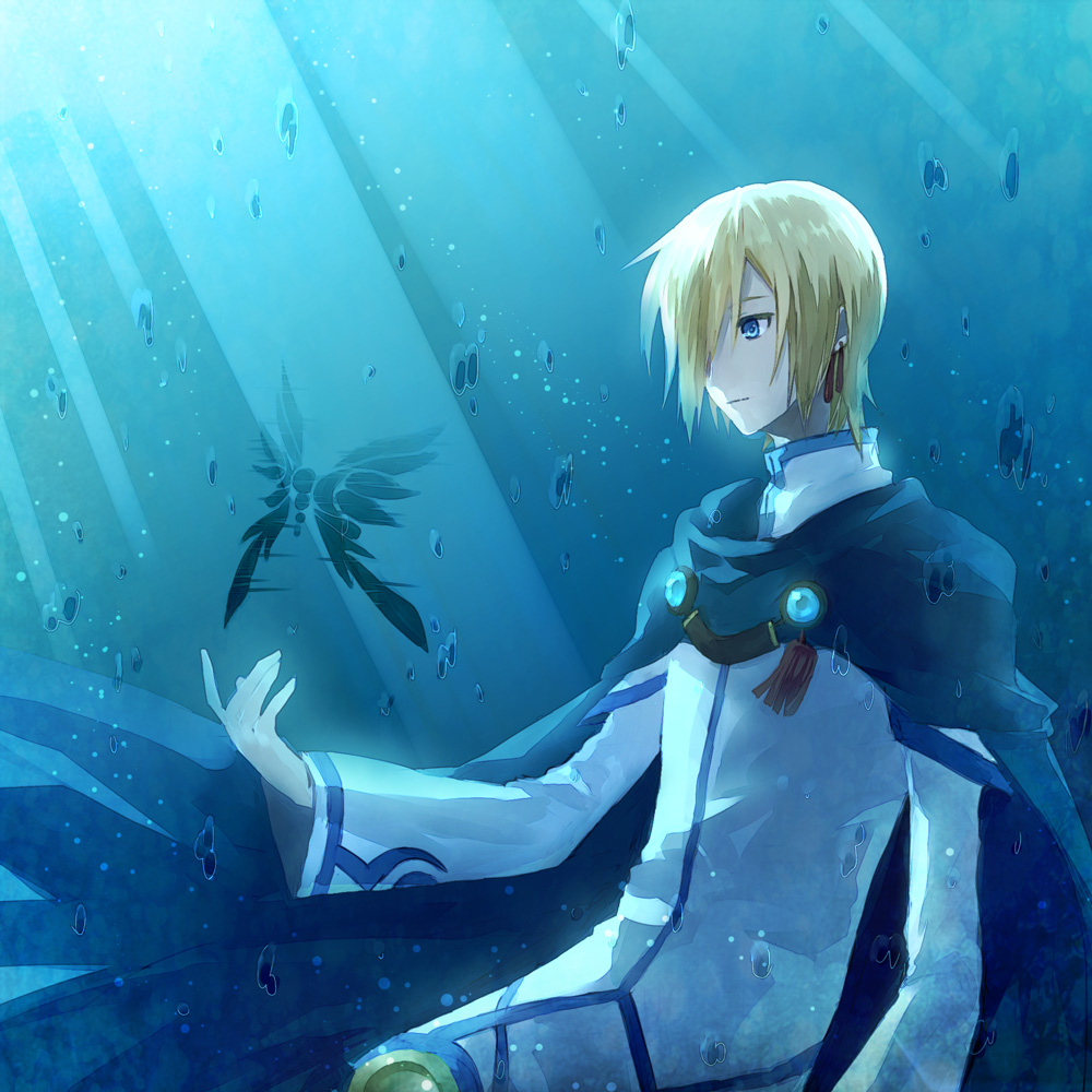 720yen aqua blonde_hair blue_eyes cape coat earrings jewelry male smile solo tales_of_(series) tales_of_legendia underwater walter_(tales_of_legendia)