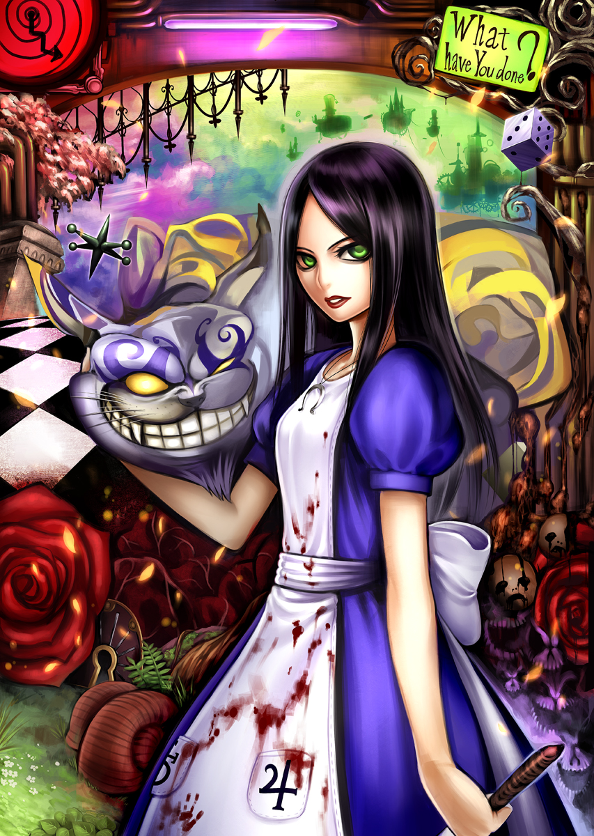 ? alice:_madness_returns alice_(wonderland) alice_in_wonderland american_mcgee's_alice black_hair blood cheshire_cat dice dress english flower green_eyes highres holding knife lips long_hair looking_at_viewer nidoro rose smile solo teeth