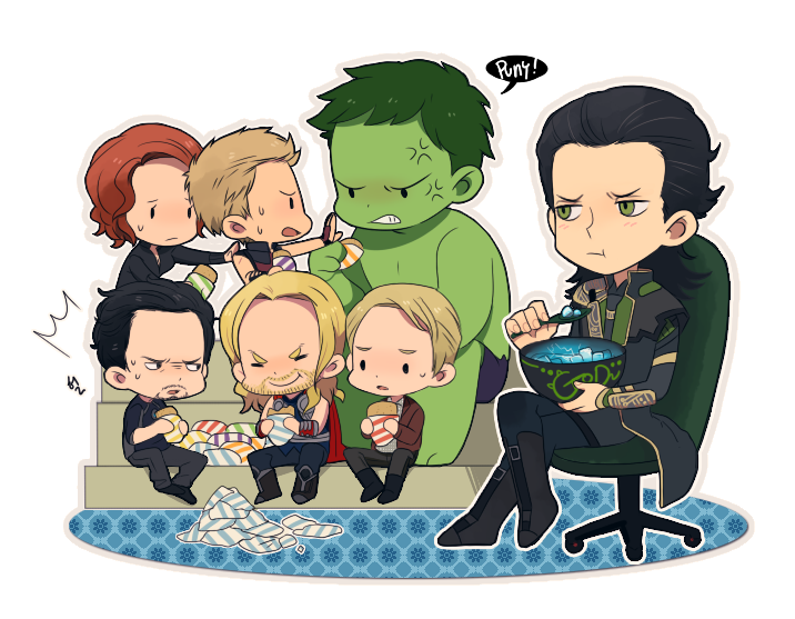 1girl 6boys anger_vein avengers beard black_hair black_widow black_widow_(marvel) blonde_hair boots bowl brown_hair bruce_banner captain_america casual cereal chibi eating everyone facial_hair green_eyes green_skin hawkeye_(marvel) hulk iron_man jacket laphy loki_(marvel) marvel multiple_boys natasha_romanoff red_hair redhead shawarma sitting steve_rogers sweat thor_(marvel) tony_stark