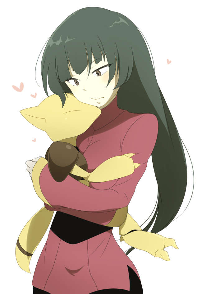 1girl abra black_hair grey_eyes heart hug long_hair muu1519 natsume_(pokemon) pantyhose pokemon pokemon_(creature) pokemon_(game) pokemon_frlg pokemon_rgby