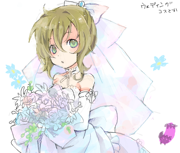 bouquet bow bridal_veil brown_hair detached_collar dress elise_lutus flower gloves hair_ribbon hair_up nagino_hiiragi ribbon rough short_hair tales_of_(series) tales_of_xillia tipo_(xillia) veil wedding_dress white_gloves