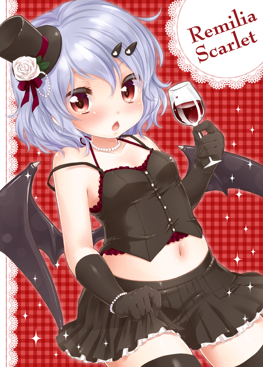 alternate_costume bat_wings black_gloves black_legwear blue_hair blush bracelet bustier character_name cup elbow_gloves fang glass gloves hair_ornament hairclip hat holding jewelry midriff mini_top_hat navel open_mouth red_eyes remilia_scarlet short_hair skirt solo strap_slip thigh-highs thighhighs top_hat touhou wine_glass wings yukiu_kon zettai_ryouiki