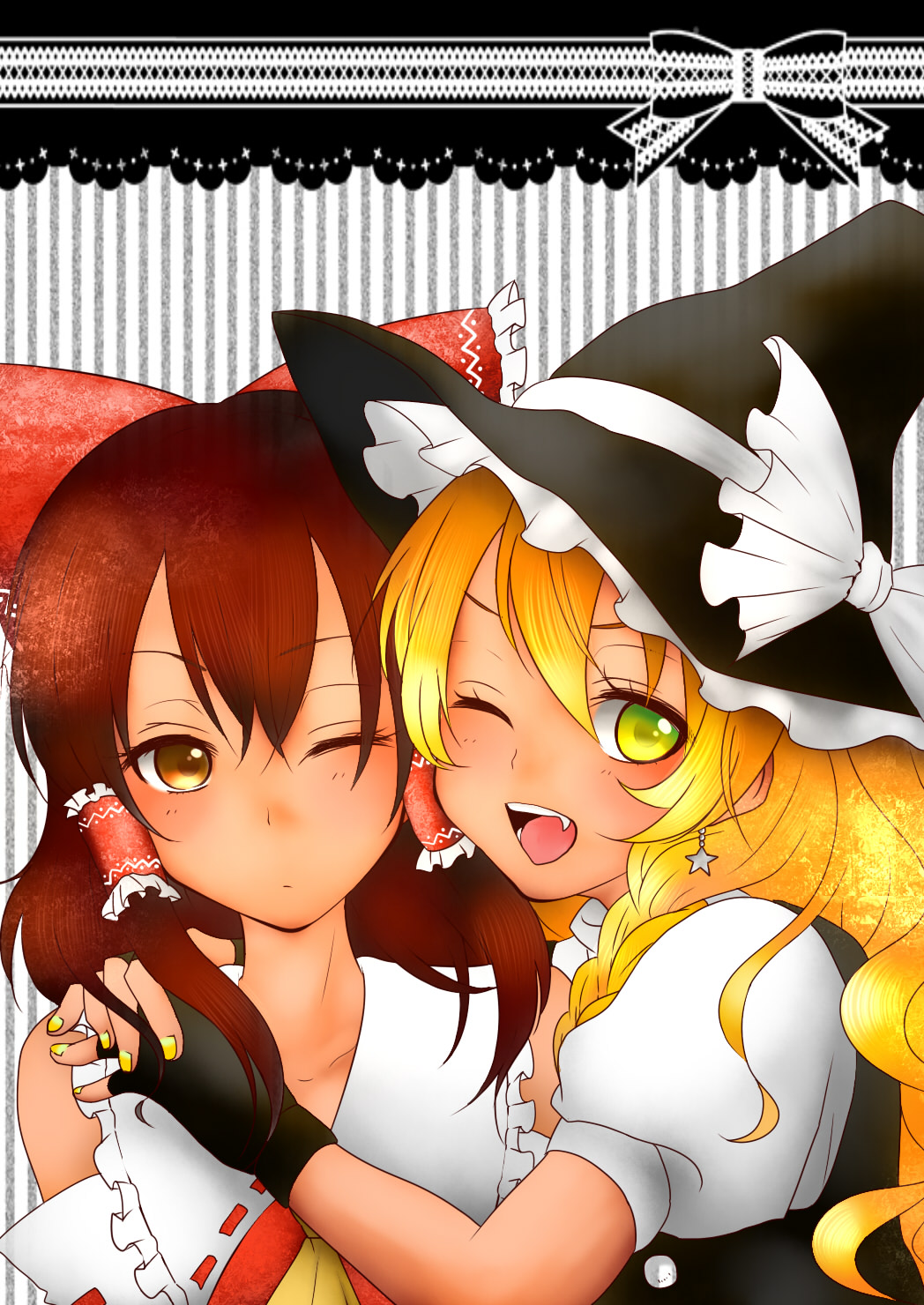 :o ;d ascot bare_shoulders blonde_hair border bow braid brown_eyes brown_hair bust buttons detached_sleeves earrings eyelashes fang fingernails gloves hair_bow hair_tubes hakurei_reimu hands_on_shoulder hat hat_ribbon high_collar highres hug jewelry kirisame_marisa lace long_hair looking_at_another looking_at_viewer miko multiple_girls nail_polish open_mouth ribbon short_sleeves single_braid smile star striped striped_background teeth tongue touhou uma_(yui) vest wink witch witch_hat yellow_eyes