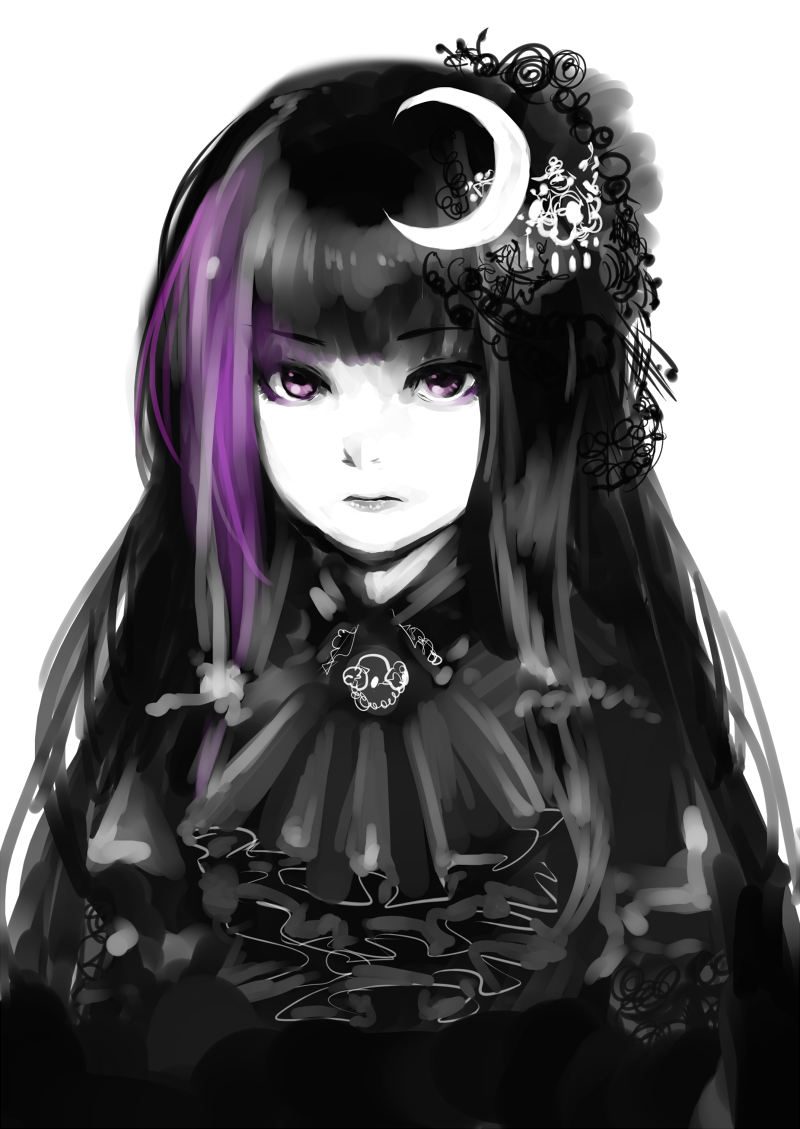 alternate_costume alternate_hairstyle ascot crescent face hair_ornament i-la lips long_hair looking_at_viewer monochrome no_hat no_headwear patchouli_knowledge purple_eyes purple_hair simple_background solo spot_color touhou violet_eyes