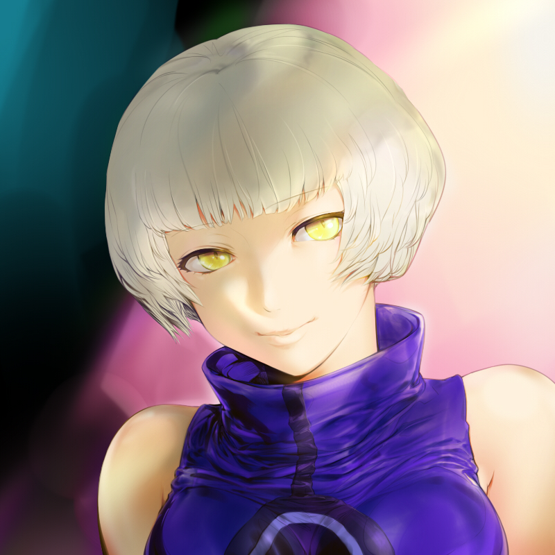 bad_id elizabeth_(persona) face looking_at_viewer no_hat no_headwear persona persona_3 portrait short_hair smile solo ultra00 white_hair yellow_eyes