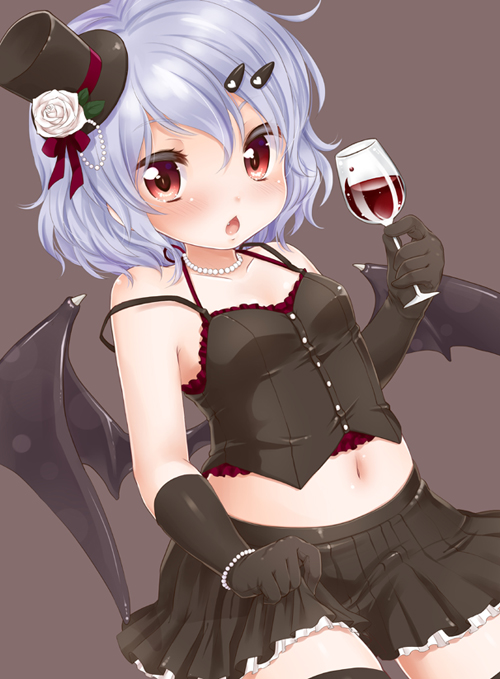 bat_wings black_gloves blue_hair blush bracelet cup gloves hair_ornament hairclip hat holding jewelry navel red_eyes remilia_scarlet simple_background skirt solo touhou wine_glass wings yukiu_kon