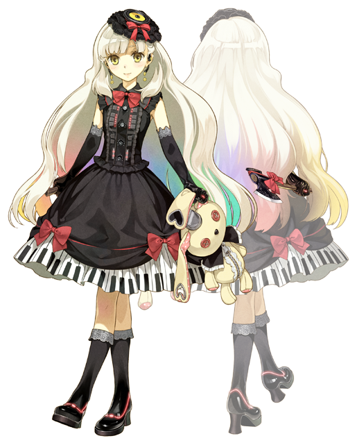 axe blonde_hair boots bow bunny dress elbow_gloves frilled_legwear gloves gothic gothic_lolita gradient_hair hair_ornament hidari_(left_side) holding lolita_fashion mayu_(vocaloid) multicolored_hair official_art piano_print rabbit rainbow_hair solo stuffed_animal stuffed_toy transparent_background vocaloid weapon white_background yellow_eyes