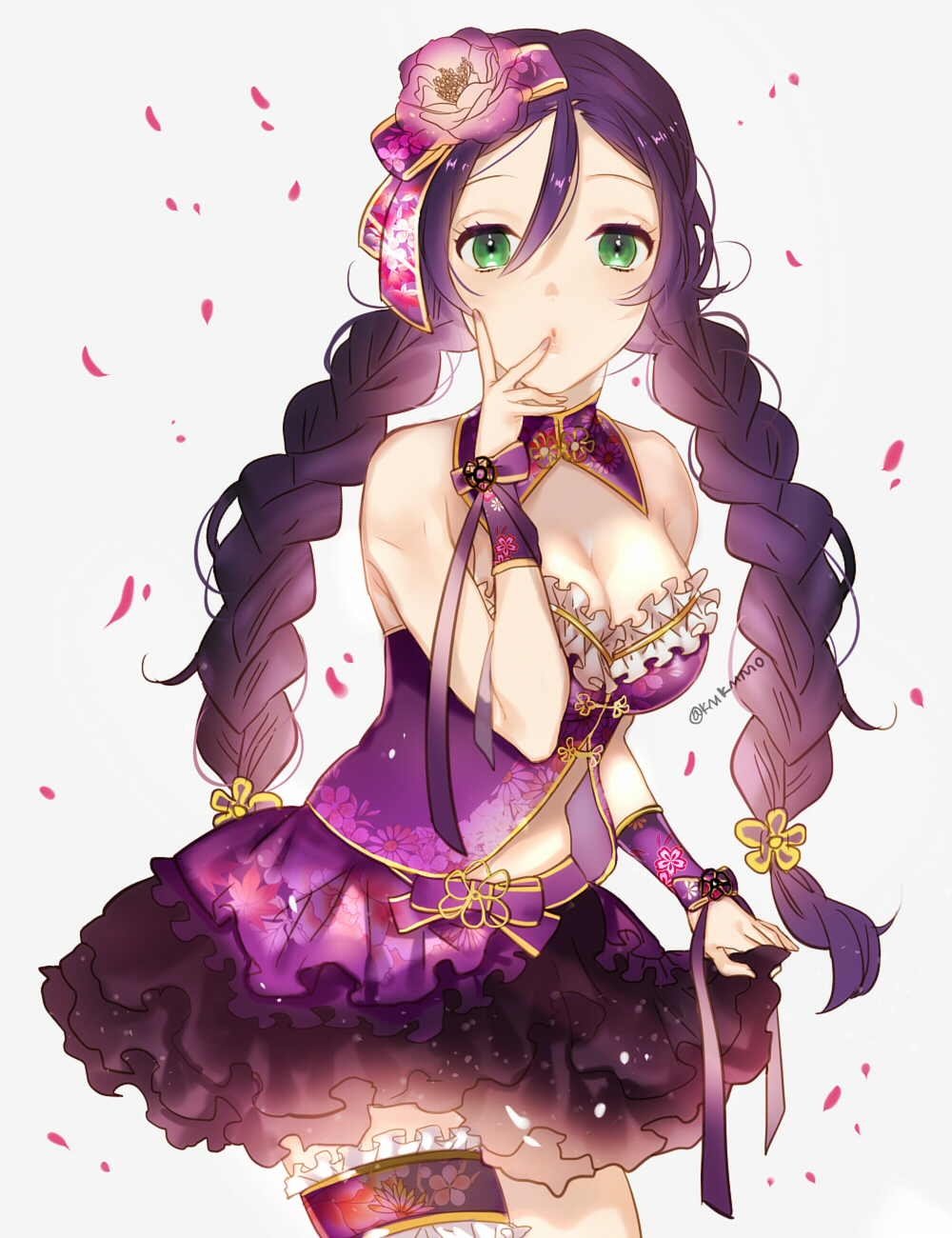 bare_shoulders flower green_eyes long_hair love_live!_school_idol_project toujou_nozomi twin_braids violet_hair