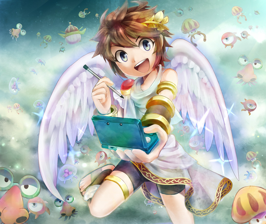 3ds :d angel azumi@twitter azumi_(tks-sd) balunka belunka blue_eyes brown_hair commyloose company_connection ears foreshortening kid_icarus kid_icarus_uprising komayto looking_at_viewer male metroid monoeye nintendo nintendo_3ds open_mouth pit pit_(kid_icarus) sky smile solo specknose stylus teeth wings