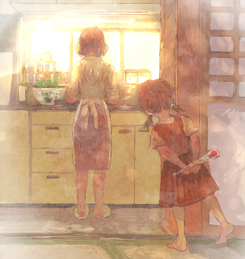 age_difference apron arms_behind_back bad_id barefoot brown_hair cooking flower kitchen mother's_day mother's_day mother_and_daughter multiple_girls original pon_(cielo) shirt skirt sleeves_rolled_up standing twintails window