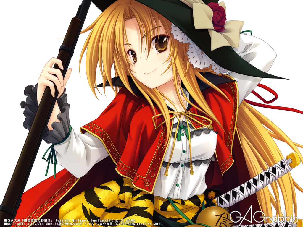 blonde_hair gun hat long_hair miyama-zero oda_nobuna oda_nobuna_no_yabou sword wallpaper weapon
