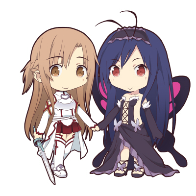 2girls a-1_pictures accel_world ascii_media_works asuna_(sao) butterfly_wings chibi creator_connection crossover furumiya_haiji kawahara_reki kuroyukihime lowres multiple_girls sword_art_online tokyo_mx yuuki_asuna