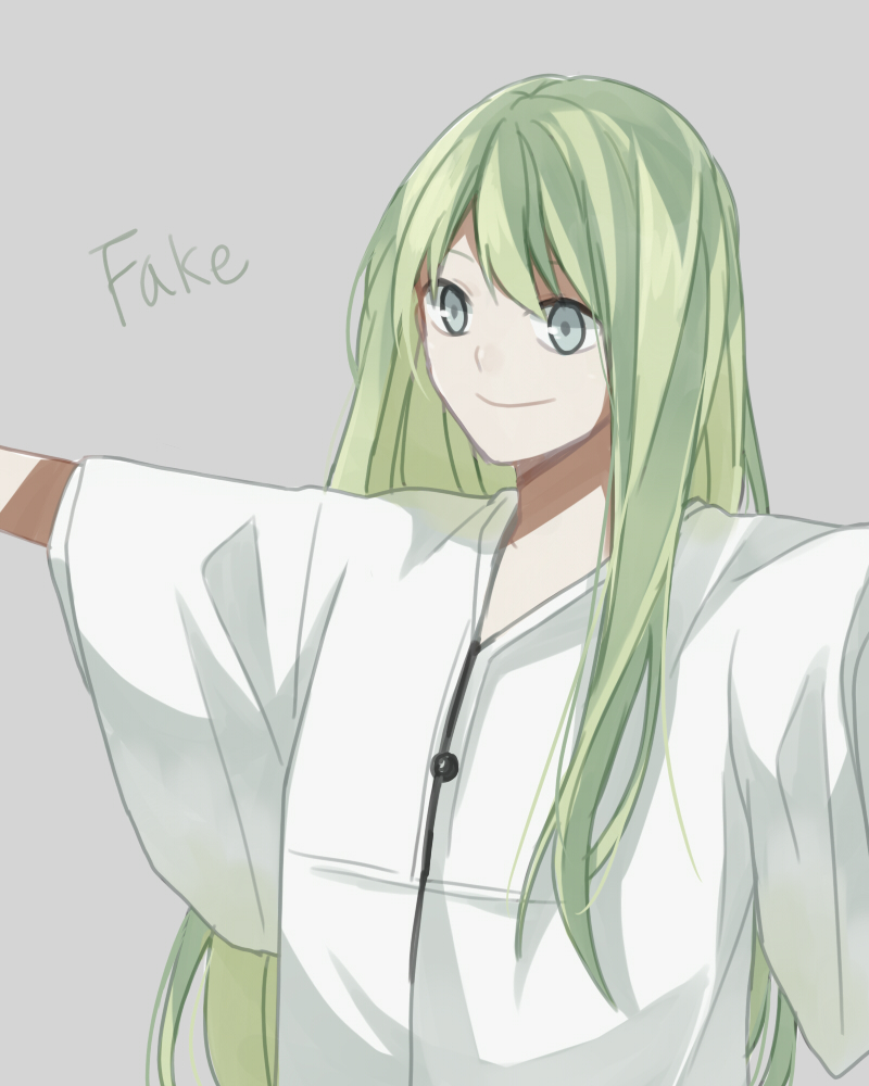 1boy enkidu_(fate/strange_fake) fate/strange_fake fate_(series) green_hair grey_eyes long_hair mmm_ss outstretched_arms robe solo