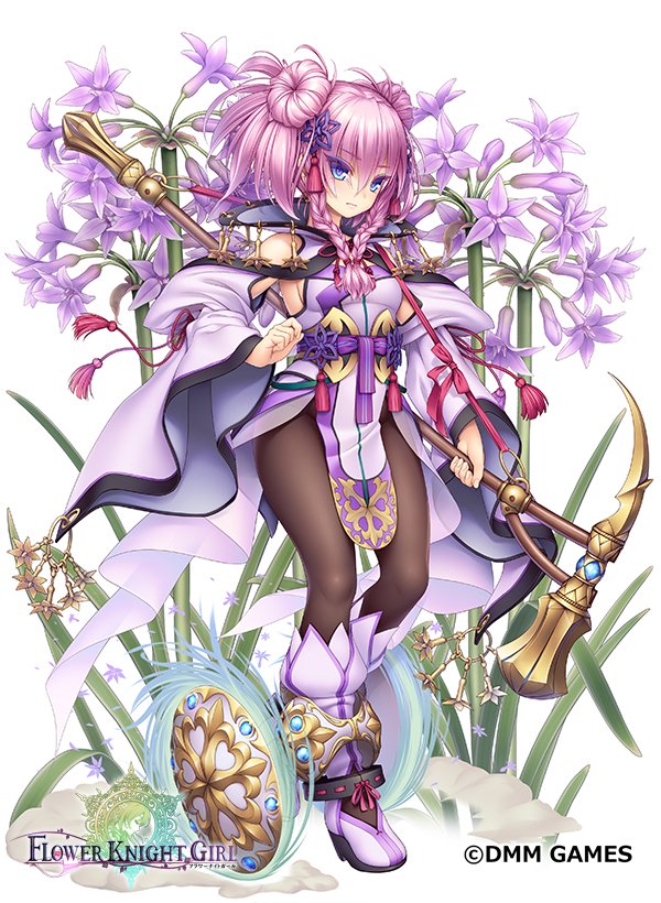 1girl black_legwear blue_eyes boots braid closed_mouth copyright_name double_bun expressionless flower flower_knight_girl full_body hair_ornament holding holding_staff knee_boots looking_at_viewer object_namesake official_art pantyhose pink_hair shield short_hair solo staff standing tassel tsurubakia_(flower_knight_girl) yuru