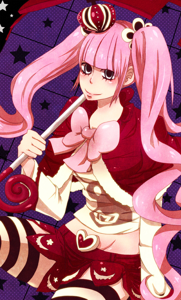 bangs belt bow capelet crown female jolly_roger long_hair midriff mini_crown miniskirt one_piece perona pink_hair pirate red_skirt shirt short_cape skirt solo striped striped_legwear tekebotti thigh-highs thighhighs twintails umbrella very_long_hair white_shirt