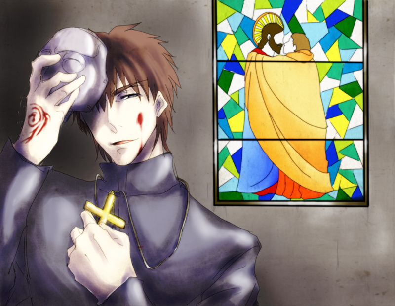 1boy batakopart2 blood blood_on_face brown_eyes brown_hair command_spell cross cross_necklace fate/zero fate_(series) jewelry kotomine_kirei male mask necklace