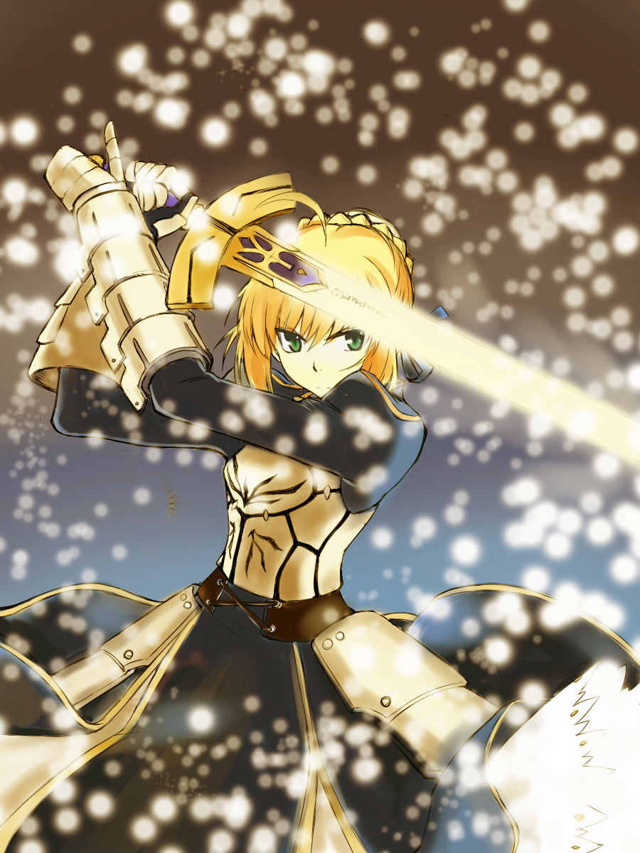 ahoge armor armored_dress blonde_hair dress excalibur fate/stay_night fate_(series) gauntlets green_eyes hair_ribbon highres light_particles ribbon saber solo sword weapon xingnai