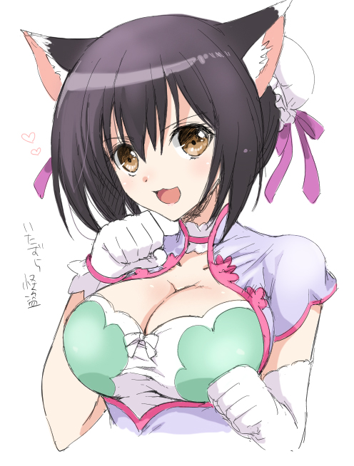 animal_ears black_hair breasts brown_eyes bun_cover cat_ears cleavage face gloves hair_bun heart kurimomo large_breasts open_mouth paw_pose ribbon shaomei_rin shining_(series) shining_hearts short_hair solo white_background white_gloves