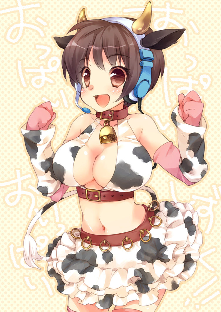 animal_ears arm_warmers bell bell_collar bikini_top blush breasts brown_eyes brown_hair cleavage collar cow_ears cow_horns cow_print cow_tail ech elbow_gloves fake_animal_ears gloves headset horns idolmaster idolmaster_cinderella_girls large_breasts midriff navel oikawa_shizuku open_mouth pink_gloves pink_legwear skirt smile solo tail thigh-highs thighhighs zettai_ryouiki