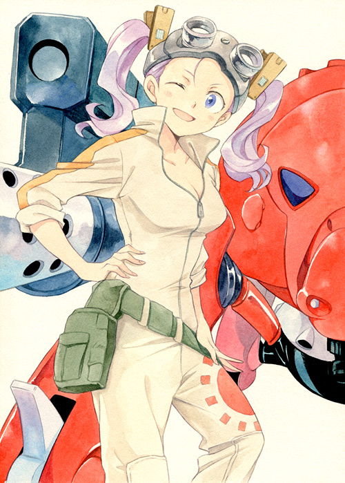 1girl ;d agahari blue_eyes bodysuit breasts center_opening character_request cleavage goggles goggles_on_head hand_on_hip holster isekai_no_seikishi_monogatari lavender_hair mecha mechanic open_mouth purple_hair sleeves_rolled_up smile solo traditional_media twintails unzipped wahanly_shume wink