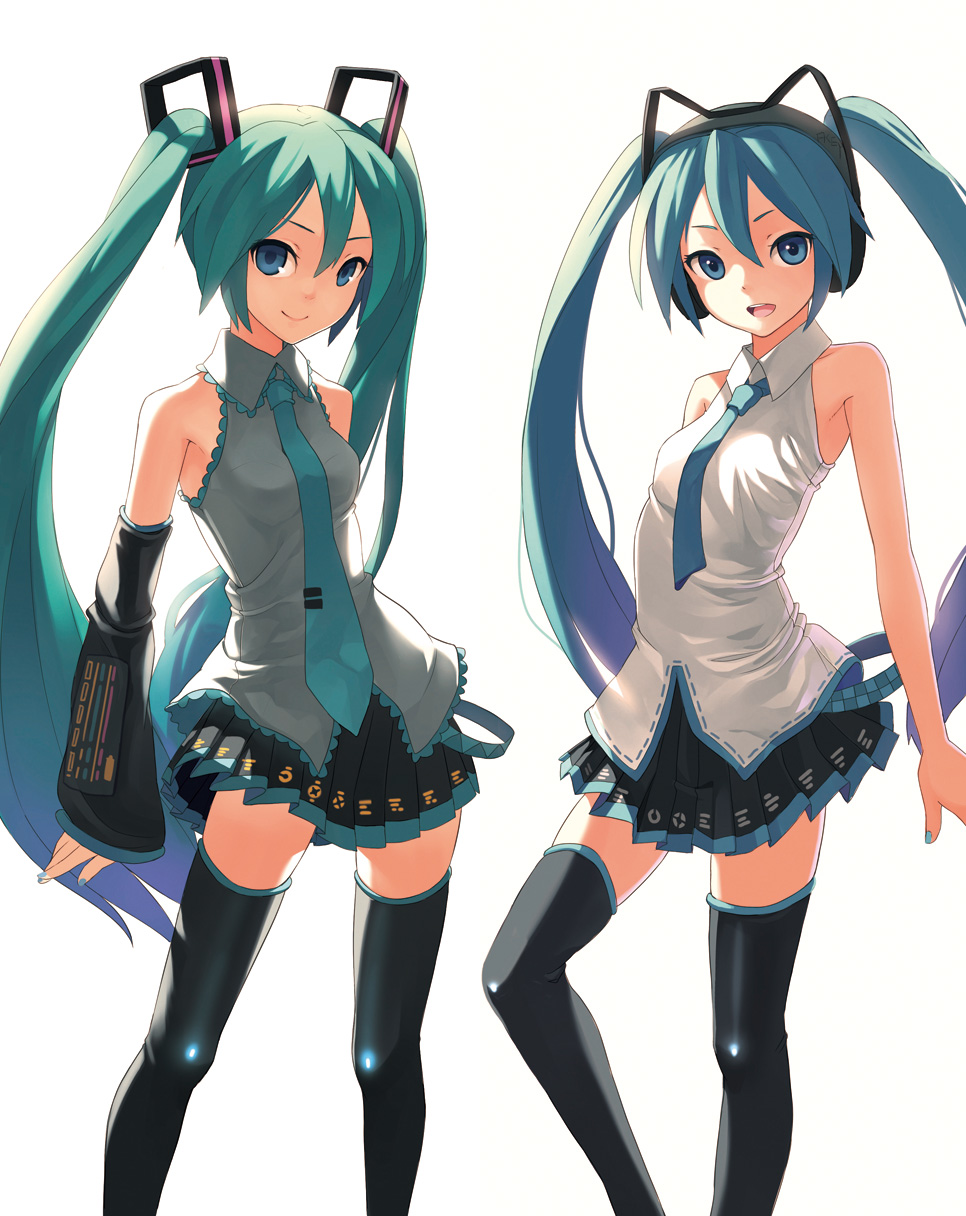 aqua_eyes aqua_hair bare_shoulders detached_sleeves dual_persona fkey hatsune_miku highres long_hair looking_at_viewer multiple_girls necktie open_mouth simple_background skirt smile thigh-highs thighhighs twintails very_long_hair vocaloid vocaloid_(lat-type_ver) zettai_ryouiki