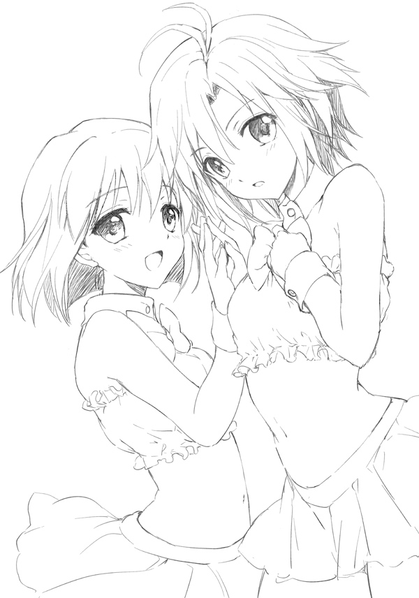 :d bare_shoulders bow detached_collar hagiwara_yukiho idolmaster kikuchi_makoto kurimomo midriff monochrome multiple_girls navel open_mouth short_hair sketch skirt smile wrist_cuffs