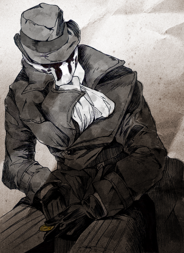 buttons cravat dc_comics fedora gloves hat looking_away male maou_abusorun mask monochrome pants pinstripe_pattern rorschach sitting smiley_face solo trench_coat watchmen