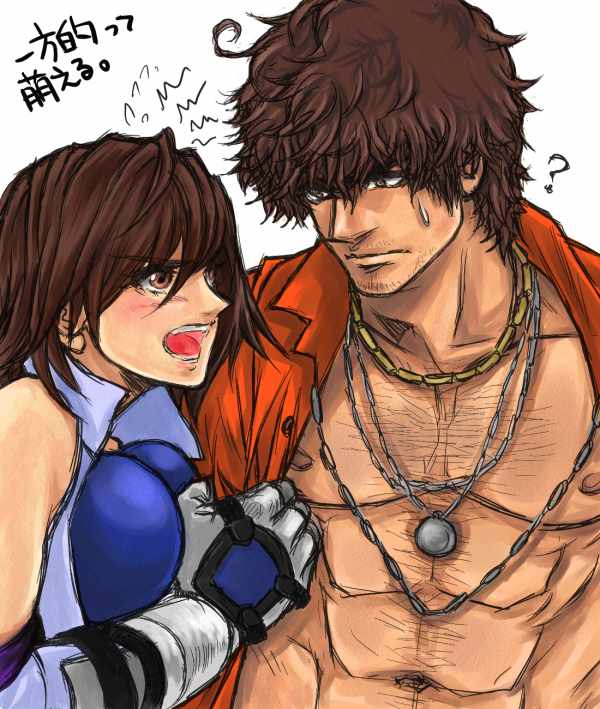 1boy 1girl ? abs angry bare_shoulders breast_press breasts brown_eyes brown_hair gloves jewelry jun1106 kazama_asuka large_breasts miguel_caballero_rojo muscle necklace open_clothes open_mouth open_shirt pectorals short_hair tekken tekken_6 translation_request