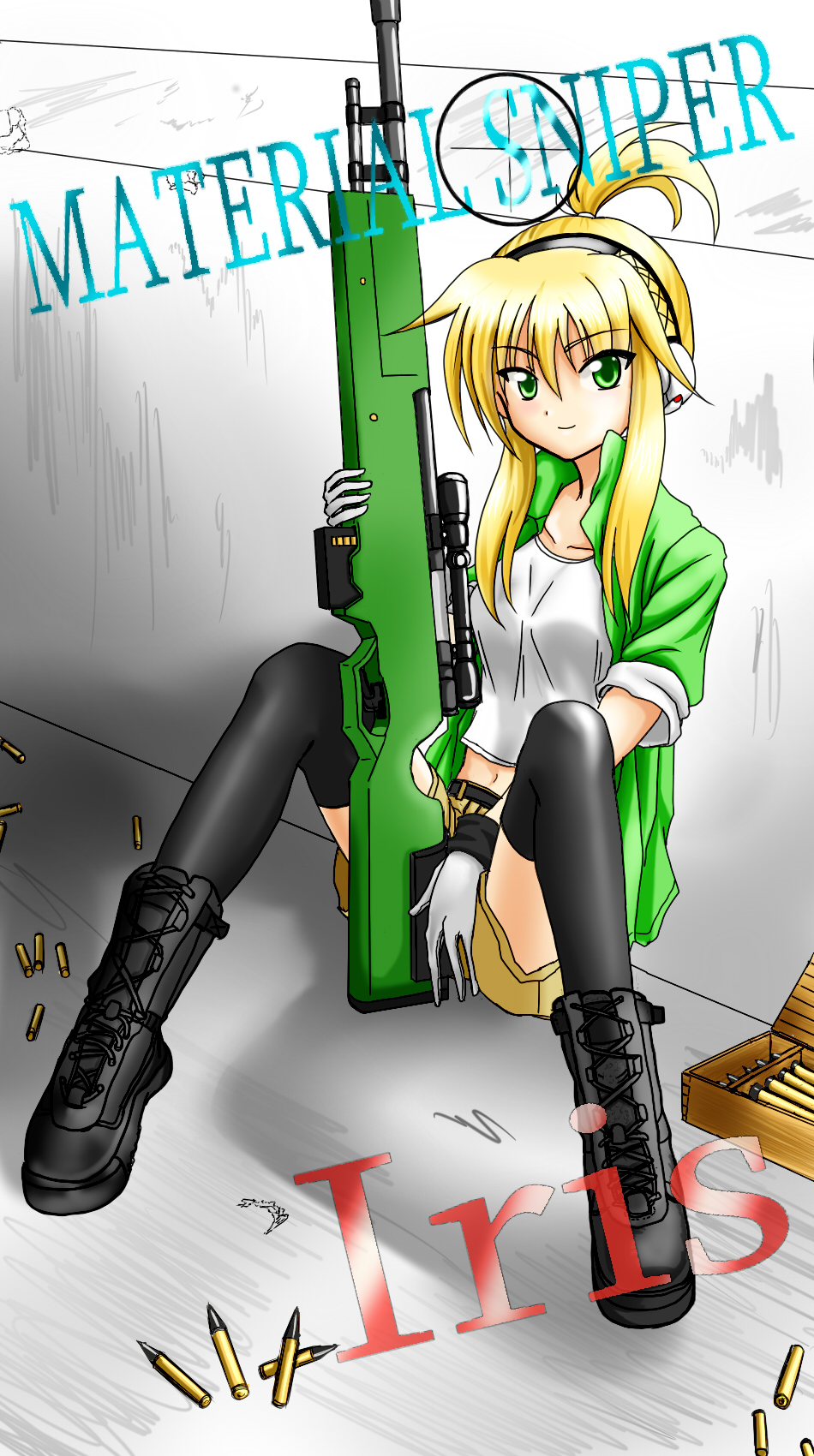 1girl alice360 black_legwear blonde_hair boots bullet character_name cross-laced_footwear ear_protection gloves green_eyes gun highres iris_(material_sniper) jacket lace-up_boots material_sniper open_clothes open_jacket rifle scope shell_casing shorts sleeves_rolled_up sniper_rifle solo tank_top thigh-highs thighhighs title_drop weapon
