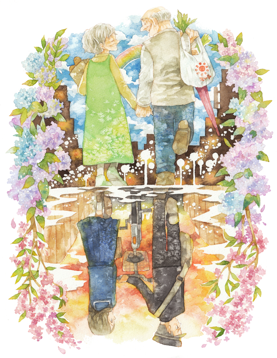 1boy 1girl age_progression bag bicycle blush braid brown_hair closed_eyes couple dual_persona eyes_closed flower frame gakuran hat holding_hands ina_(gonsora) long_hair old old_man old_woman original pale_color rainbow reflection school_uniform serafuku short_hair smile sunset traditional_media watercolor_(medium) white_hair young