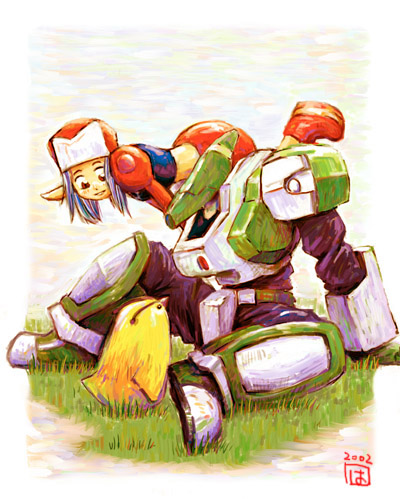 1girl 2002 android animal bird blue_hair boots carrying creature dated fonewearl grass hat kousyaura leaning_forward light_smile looking_down looking_up lowres midriff over_shoulder phantasy_star phantasy_star_online pointy_ears racast rappy robot shoulder_carry signature sitting skirt v_arms
