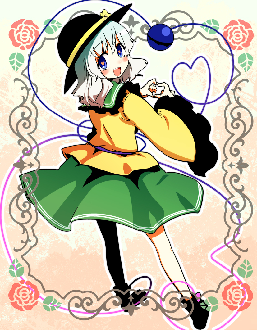 :d blue_eyes bow flower from_behind gradient_hair hat hat_bow heart heart-shaped_pupils heart_hands heart_of_string hota komeiji_koishi looking_back multicolored_hair open_mouth rose skirt smile solo symbol-shaped_pupils third_eye touhou
